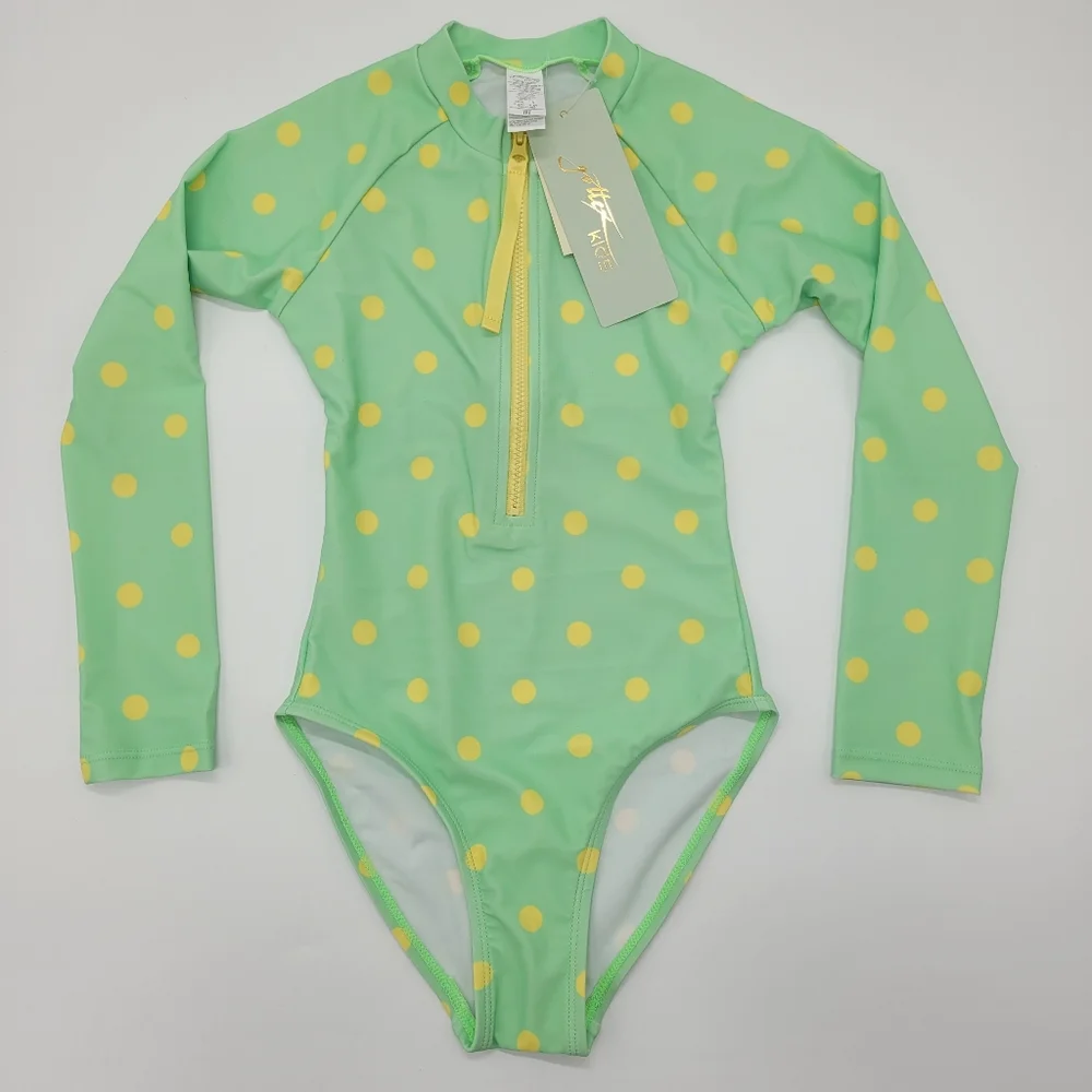 Gottex Kids Swimsuit Long Sleeve Rashgaurd Polka Dot Green Yellow Size 5 NEW